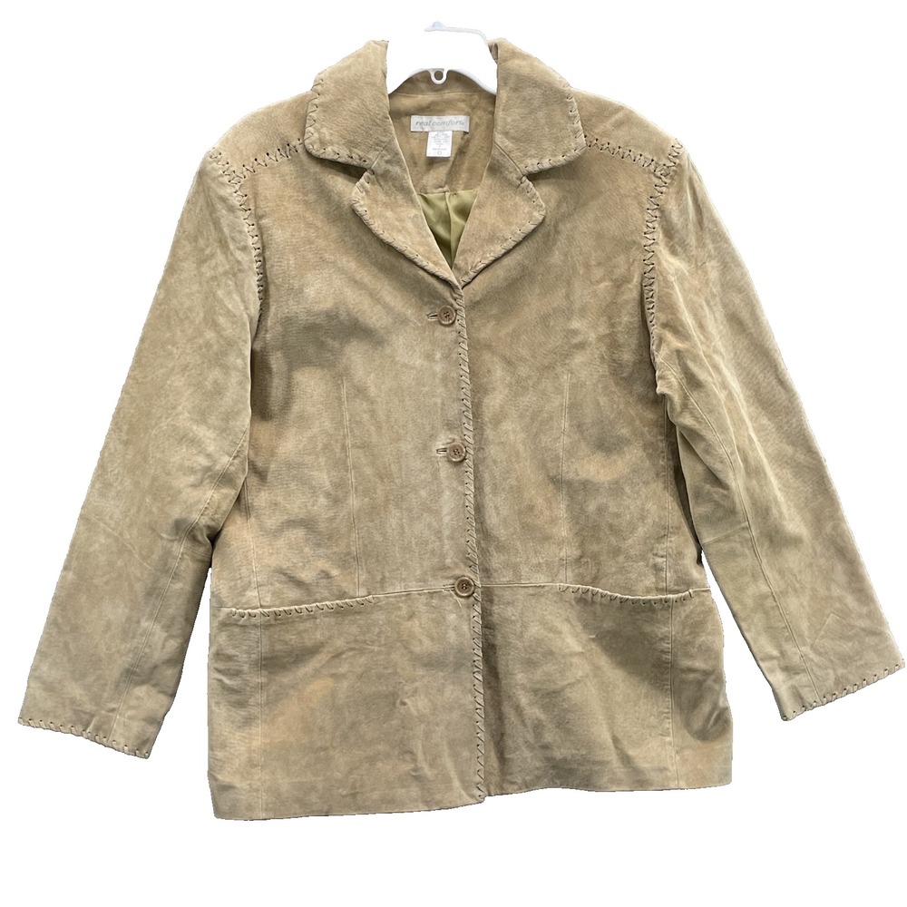 Real Comfort Leather Blazer Jacket Women's 16 Suede‎ Y2K 70s Corp Chic Boho Coat